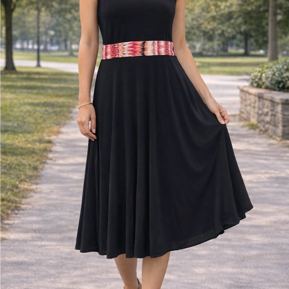 Sleeveless Black Midi Dress with Pink Patterned Waistband